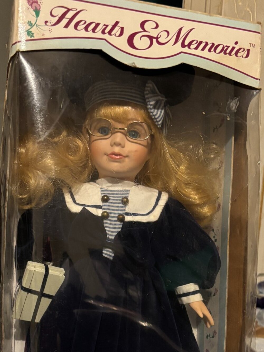 Vintage Hearts & Memories Porcelain Doll Blonde Sailor Dress w/ Glasses in Origi